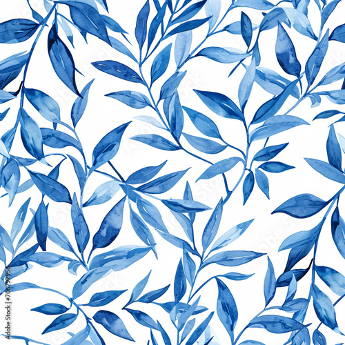 Elegant seamless pattern of blue watercolor leaves, suitable for sophisticated textile design and wallpaper art. © Alexey