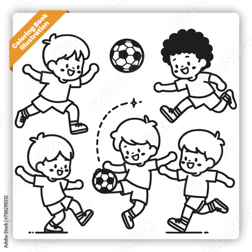 vector coloring page drawing illustration kids playing fotball