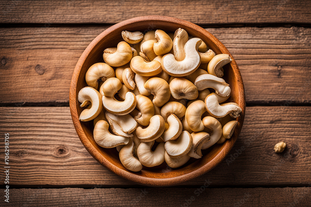 Cashew nuts on bowl top view on wodden table Cashew nuts on bowl top view on wodden table