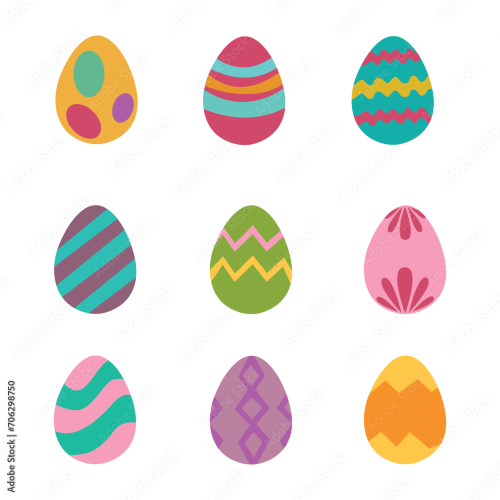 Set of colour easter eggs flat design on white background. Vector illustration