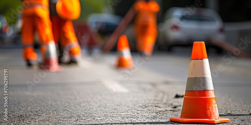 safety cones blurred road construction background road maintenance concept road repair - Generative ai photo