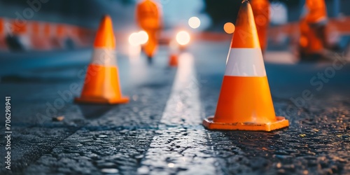safety cones blurred road construction background road maintenance concept road repair - Generative ai
