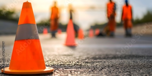 safety cones blurred road construction background road maintenance concept road repair - Generative ai