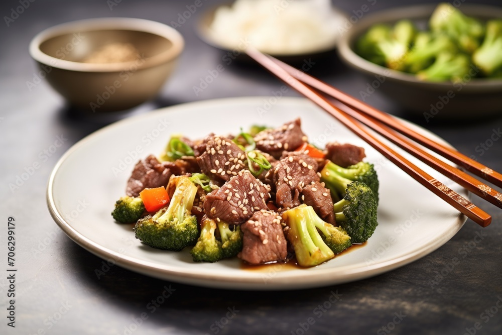 beef and broccoli with sesame seeds garnish and chopsticks beef and broccoli with sesame seeds garnish and chopsticks