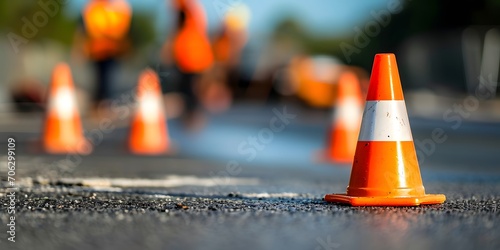 safety cones blurred road construction background road maintenance concept road repair - Generative ai