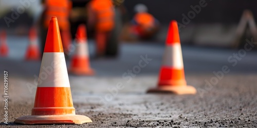 safety cones blurred road construction background road maintenance concept road repair - Generative ai