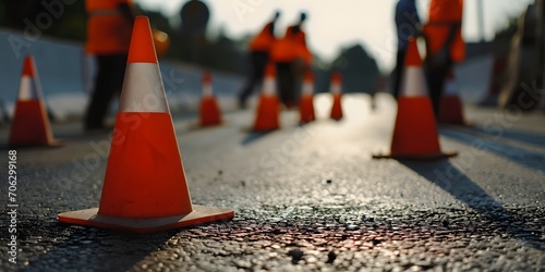 safety cones blurred road construction background road maintenance concept road repair - Generative ai photo