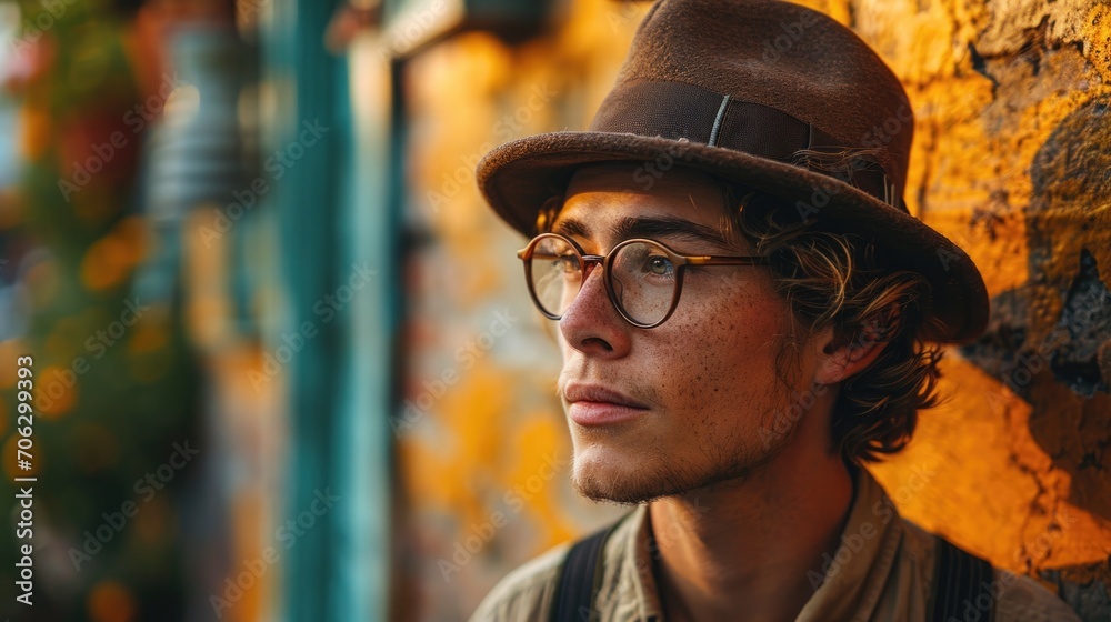 Young man with curly hair and glasses gazes thoughtfully against a vibrant orange wall during golden hour in an outdoor setting Young man with curly hair and glasses gazes thoughtfully against a vibrant orange wall during golden hour in an outdoor setting