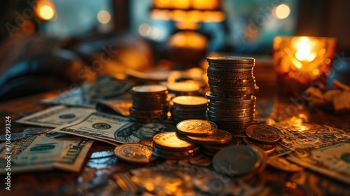 money​ and coins Collect​ on​ Business​ table photo