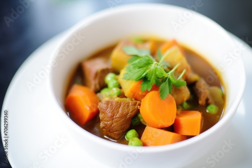close-up of beef stew with carrots and peas in white bowl
