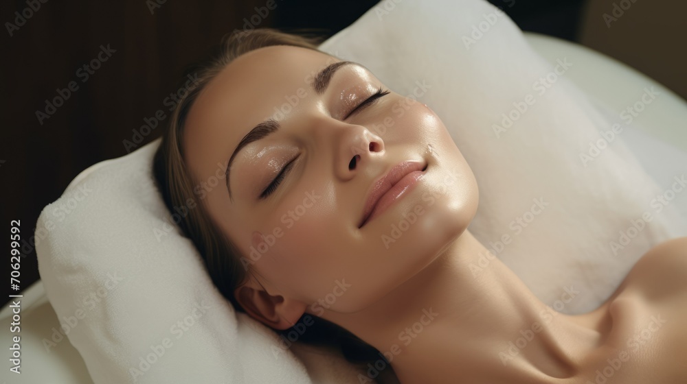Close-up of a relaxed, contented, smiling woman undergoing beauty treatments, massage lying with her eyes closed in a beauty salon. Spa, Beautiful radiant skin, rested face concept.