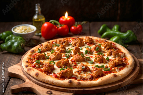 Pizza with chicken and green chillies.