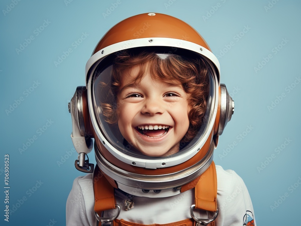 Smiling boy with astronaut helmet casual clothes minimalist color background Generative AI Smiling boy with astronaut helmet casual clothes minimalist color background Generative AI