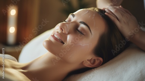 Close-up of a relaxed  contented  smiling woman undergoing beauty treatments  massage lying with her eyes closed in a beauty salon. Spa  Beautiful radiant skin  rested face concept.