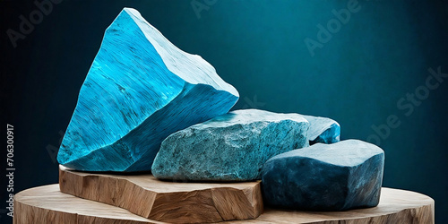 3D Abstract display podium simulator with natural stones and wooden pedestals in minimalist style in turquoise background. Beauty Products, banner, copy space, digital, website, 3d Rendering