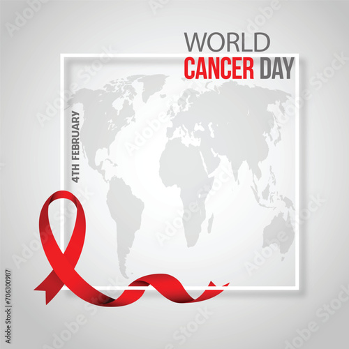 World Cancer Day background with world map and red ribbons on white background, 4th february world cancer day