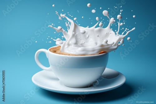 I orchestrate my mornings to the tune of coffee. Splashing against blue background. splash of coffee with milk in a cup. milk splash on a cup