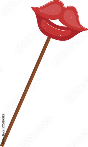 Red kiss lips on stick prop for photo booth. Cartoon glossy lips prop for party decoration. Festive accessory vector illustration.