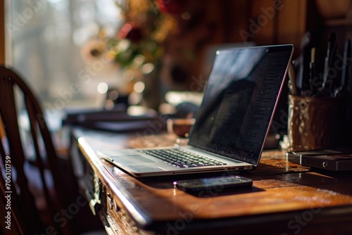 A laptop computer is placed on top of a wooden desk. This versatile image can be used to illustrate work, technology, or productivity