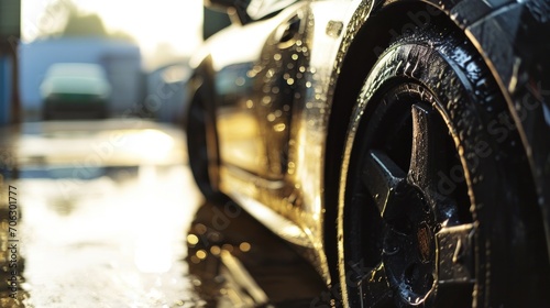A close-up view of a car covered in water. This image can be used to depict a rainy day or a car after a heavy downpour © Fotograf