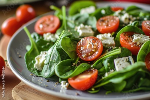 A plate of fresh spinach, juicy tomatoes, and crumbled feta cheese. Perfect for a healthy meal or salad. photo