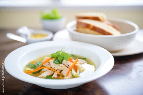 steaming chicken noodle soup in white bowl, side bread