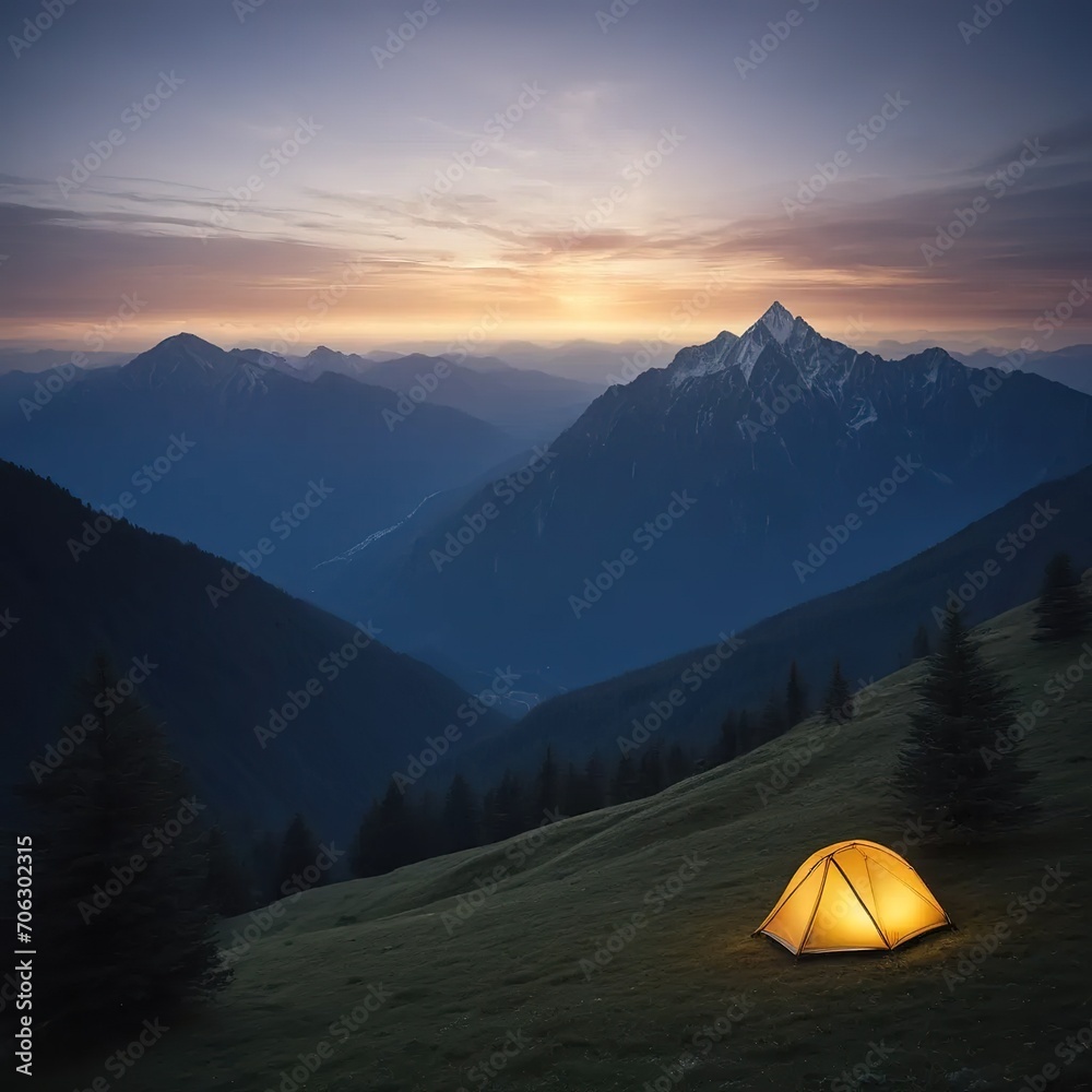 Lonely camped on a hill of an alpine mountain, light on inside.