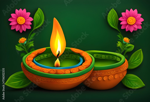 Clay diya lamp lits to celebrate for Diwali festival photo