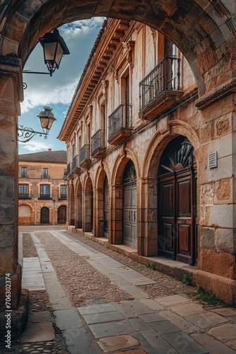 An archway leading to a building with a clock on it. Suitable for architectural and historical concepts