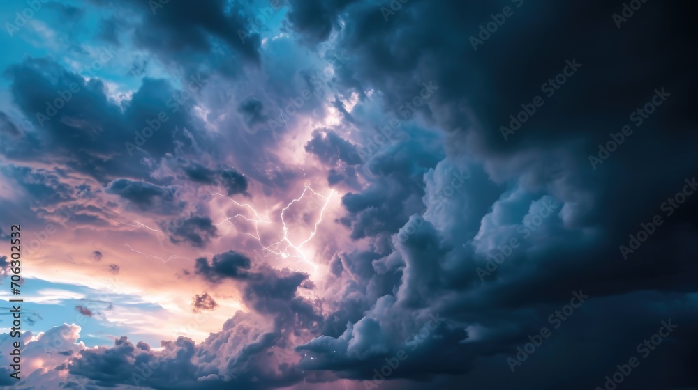 A powerful thunderstorm captured within a massive cloud. Ideal for illustrating the intensity and beauty of a storm. Perfect for weather-related articles, blog posts, or educational materials