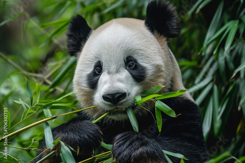 Serene Giant Panda Enjoying Bamboo in Lush Greenery