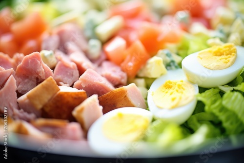 macro shot of diced hard-boiled eggs in a cobb salad photo