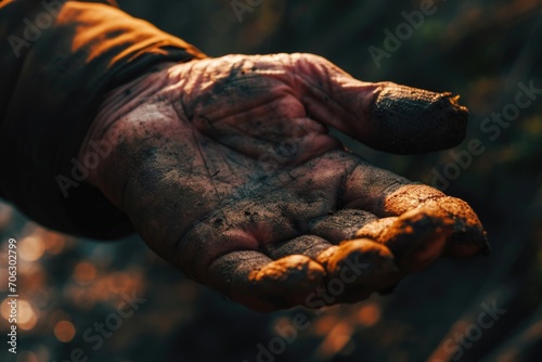 A close-up view of a person's hand covered in dirt. This image can be used to depict hard work, gardening, or manual labor
