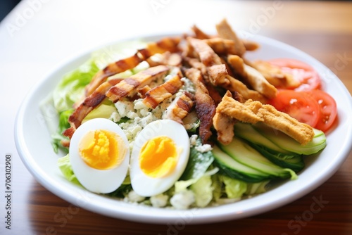 cobb salad with grilled chicken strips, close-up shot