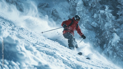 A man is skiing down a snow covered slope. Perfect for winter sports and outdoor activities