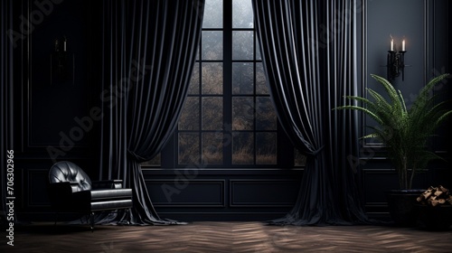 the sophistication of midnight black curtains framing the window  creating a dramatic contrast with the outside world  adding an element of mystery and elegance to the room.