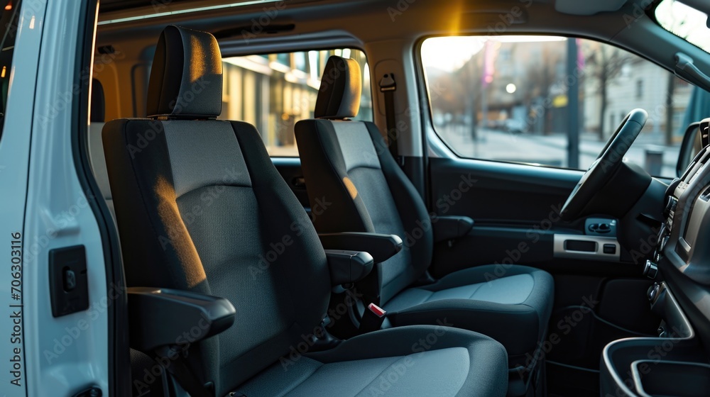 A straightforward image of the interior of a van with black seats. This picture can be used to showcase the seating arrangement in a van or for illustrating the comfort and style of the seats. A straightforward image of the interior of a van with black seats. This picture can be used to showcase the seating arrangement in a van or for illustrating the comfort and style of the seats.