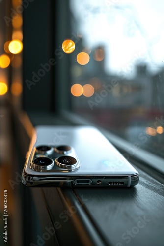 A close up of a cell phone resting on a window sill. Suitable for technology-related content and lifestyle themes