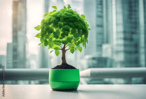 Tree growing on digital plant pot. Eco Technology