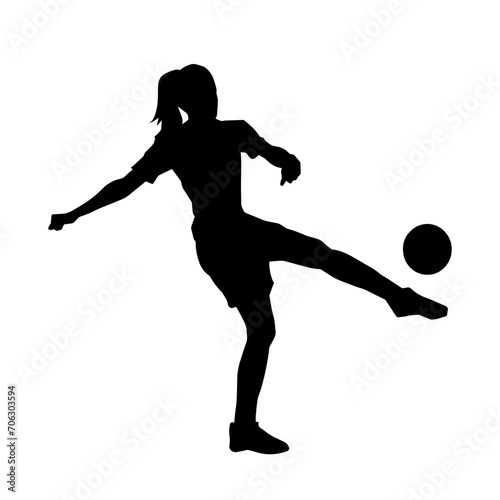 Silhouette of a female soccer player kicking a ball. Silhouette of a football player woman in action pose.