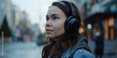 A young woman wearing headphones on a busy city street. Perfect for illustrating urban lifestyle and modern technology