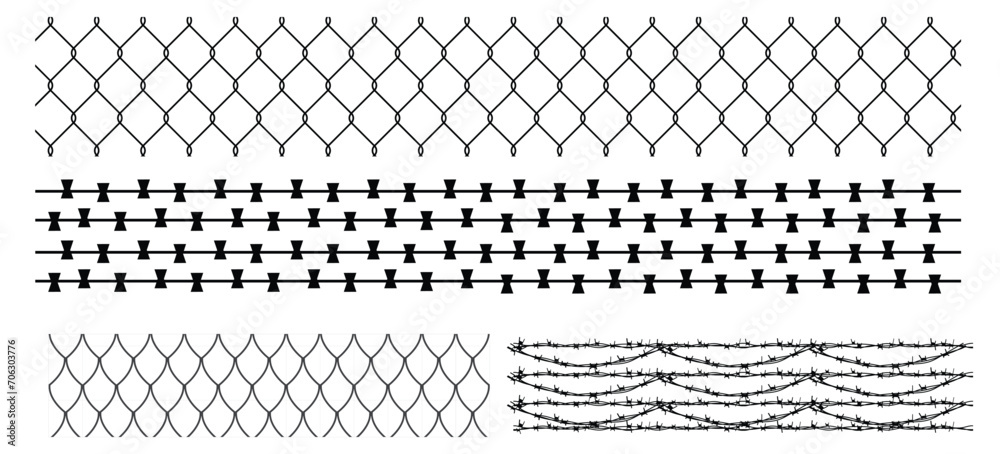 A set of Creative vector illustration of chain link fence wire mesh steel metal isolated on white background.