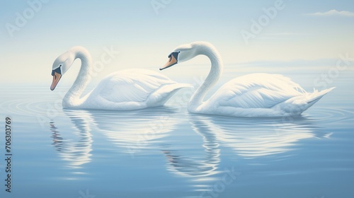 Two graceful swans gliding together on calm waters, their reflections creating a serene symmetry beneath the clear sky.