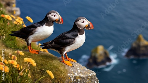 Two charming puffins perched on a cliff edge, their distinctive orange beaks and striking markings making them stand out against the rugged coastal landscape.