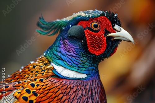 Close up of a colorful bird with a vibrant red head. Perfect for nature and wildlife enthusiasts.