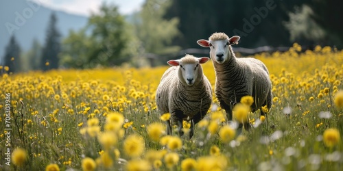 Two sheep standing in a field of vibrant yellow flowers. Perfect for nature and animal lovers.