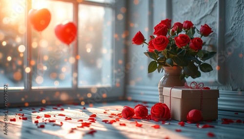 Gift box, red roses in vase, baloons heart in white minimalistic empty room. Copy space. Concept of Valentine's Day, Love, Birthday, Relationships, Romantic photo