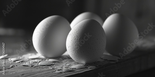 Four eggs sitting on top of a wooden table. Suitable for food  cooking  and breakfast concepts