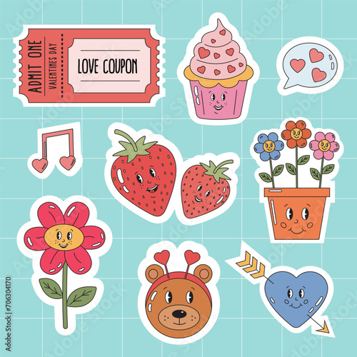 Clip art of cute vector love stickers in retro groovy style for Valentine day. Love coupon, cupcake, strawberry, flower, bear, heart. Sticker badges and labels, romantic holidays Valentine day pack.