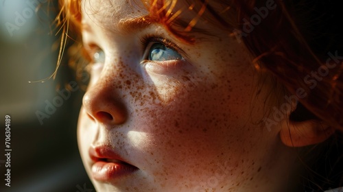 A close-up view of a child with freckles on her face. Perfect for capturing the innocence and beauty of childhood.